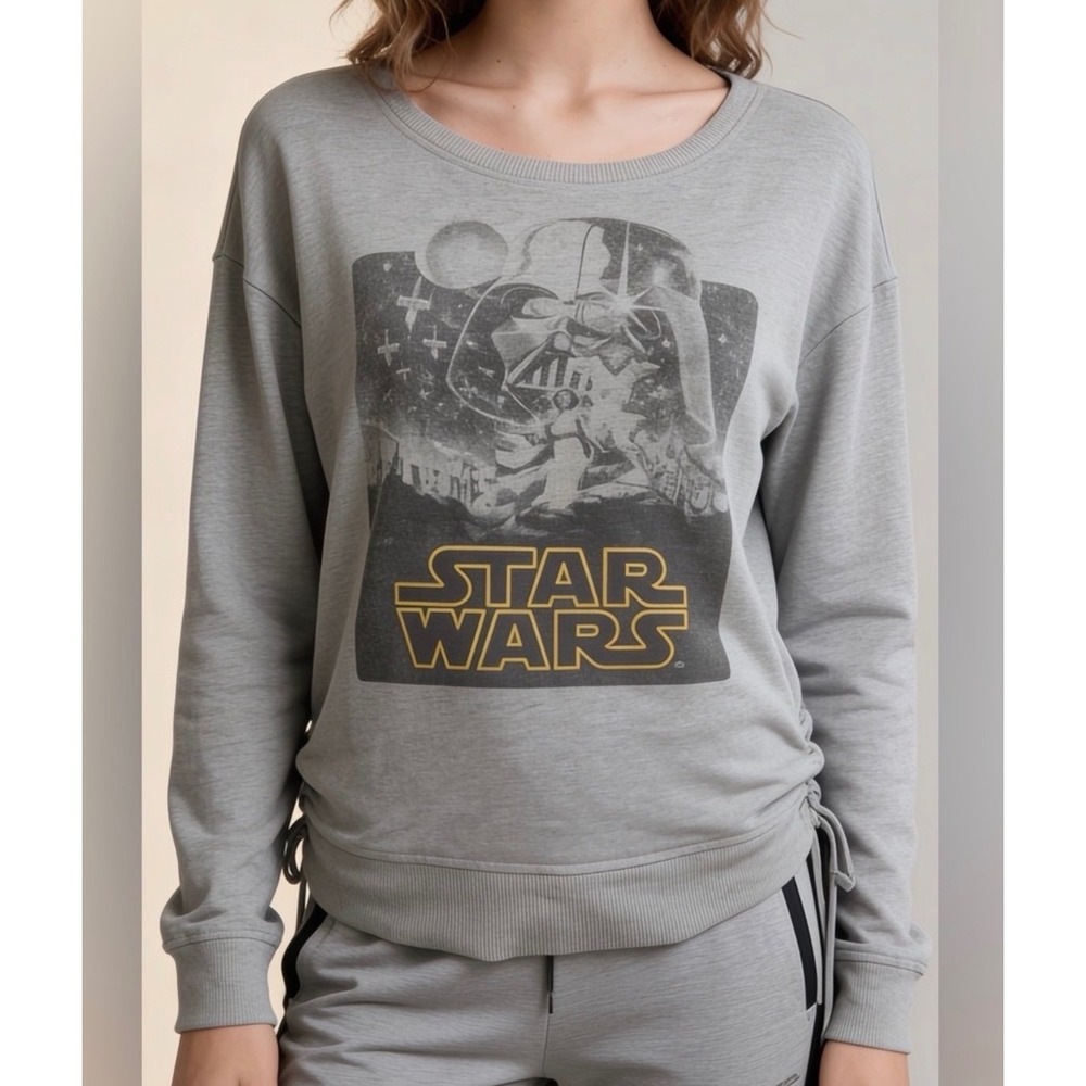 Star Wars Sweatshirt Womens Medium Gray New Lace Up Graphic Pullover Preloved
